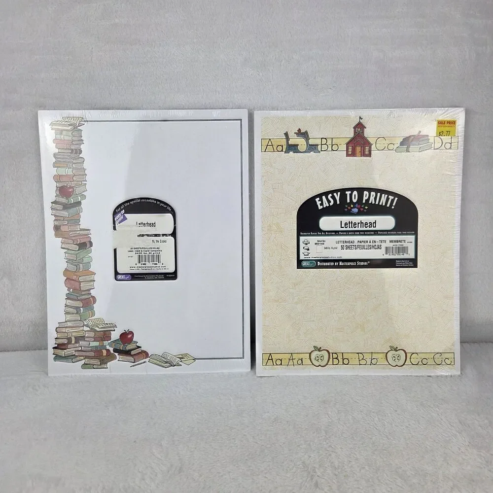 Vintage‎ School Themed Letterhead Paper Lot 75 Sheets Books Apple ABC Teacher